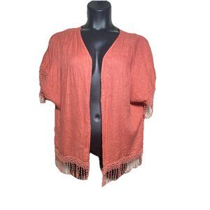 Valentina Naldi Coral One Size Linen Cover Up Kimono Crochet Trim Made In Italy
